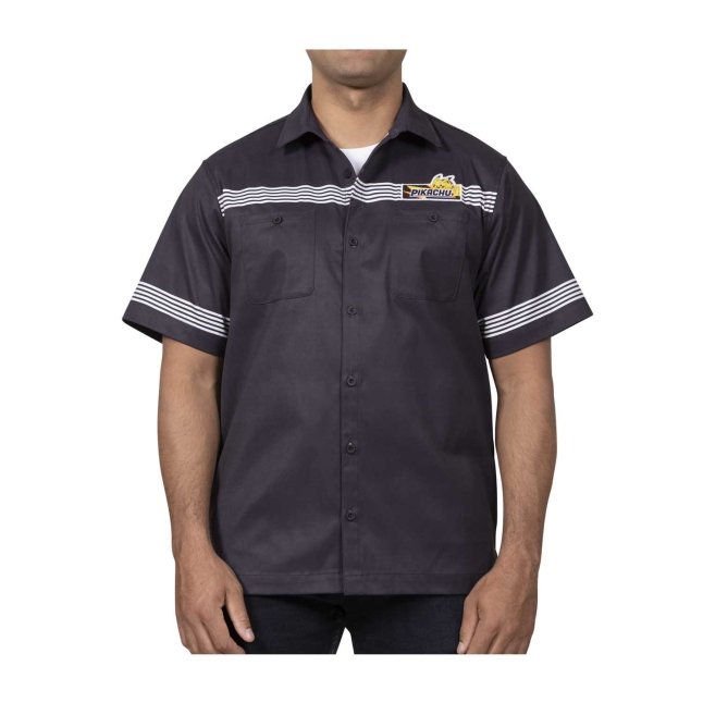 Pikachu Racing Black Short-Sleeve Button-Up Shirt - Adult